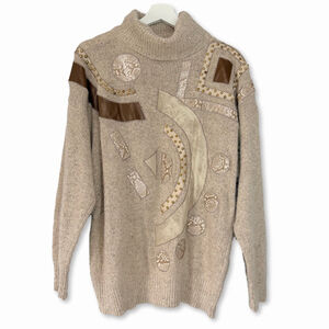 Vintage Silk Blend Beige Studded Patch Embellished Turtleneck Sweater Women's M